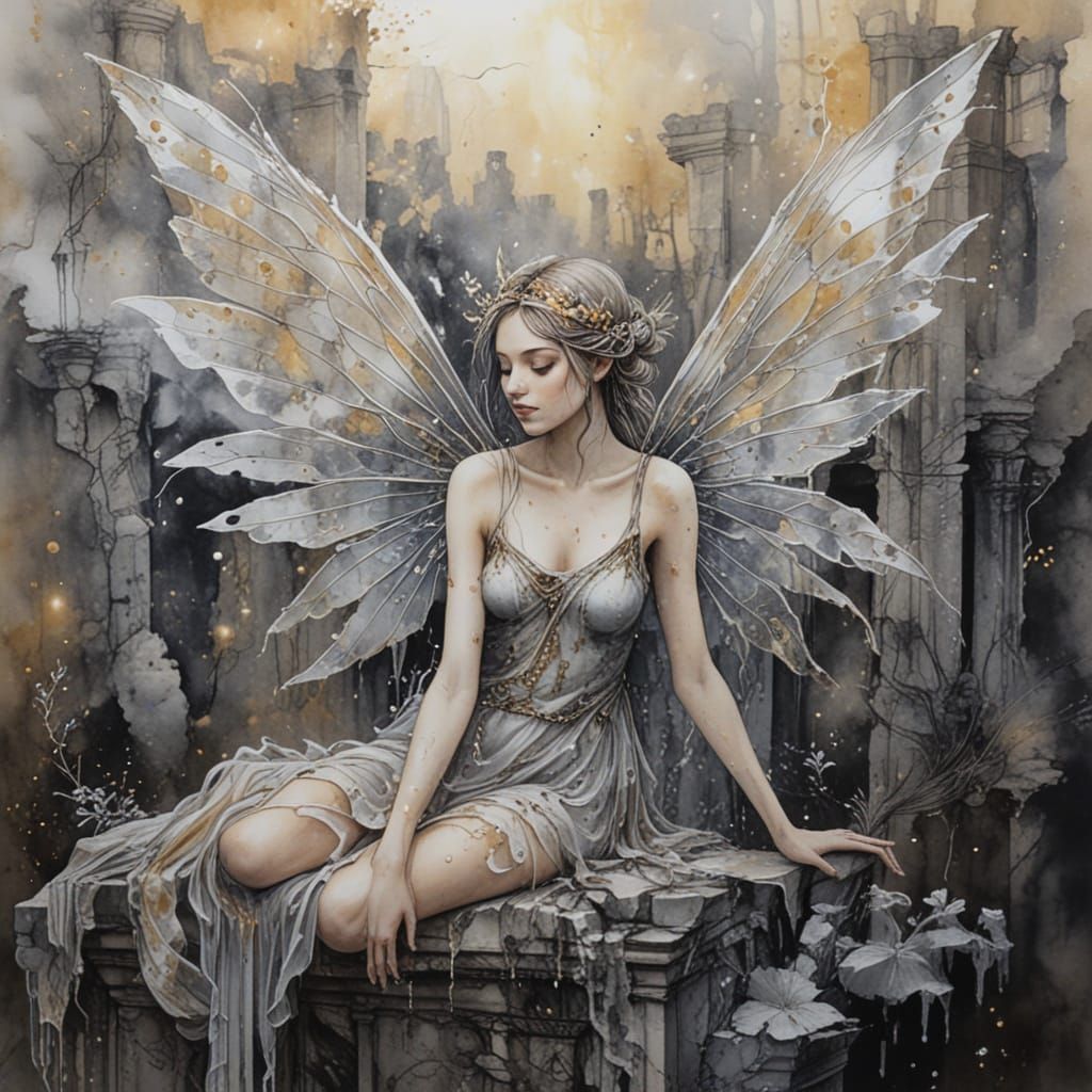 Winged Fairy in Ancient Ruins: Watercolor Art