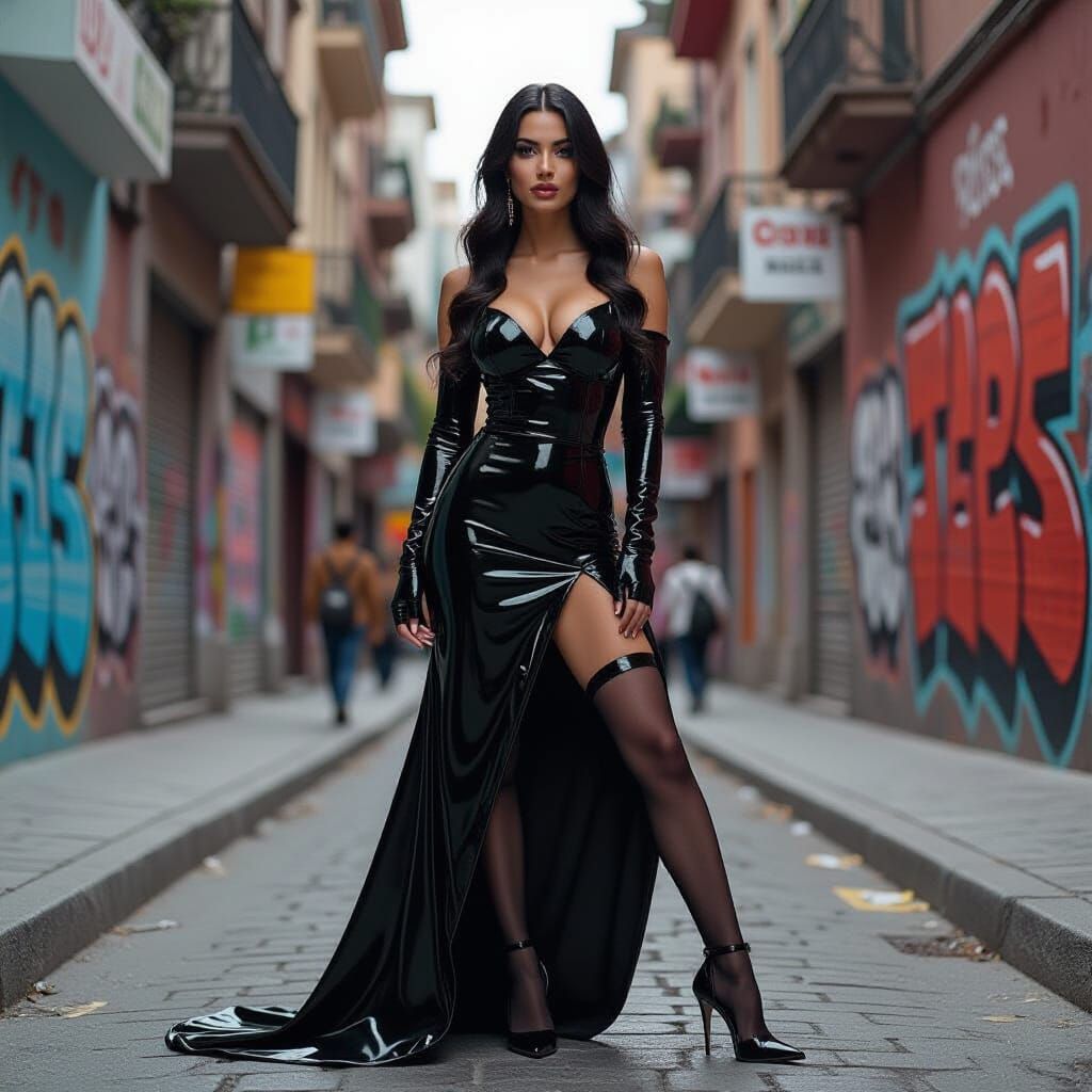 Argentinian Woman in Latex Dress, Street Art Style