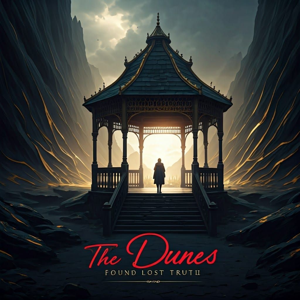 Misty Gazebo Landscape with Gold Accents