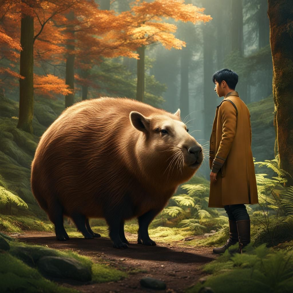Jung Hae In in a forest petting an unusually large capybara