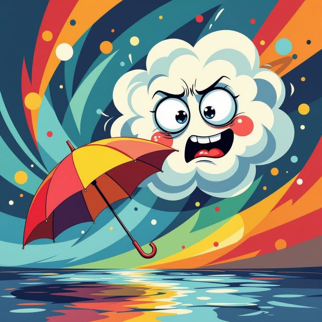 Terrified Cartoon Umbrella Blown Backwards by Mischievous Wi...