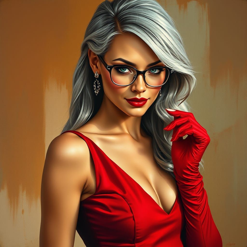 Sensual Woman in Red: Post-Modern Oil Painting Portrait