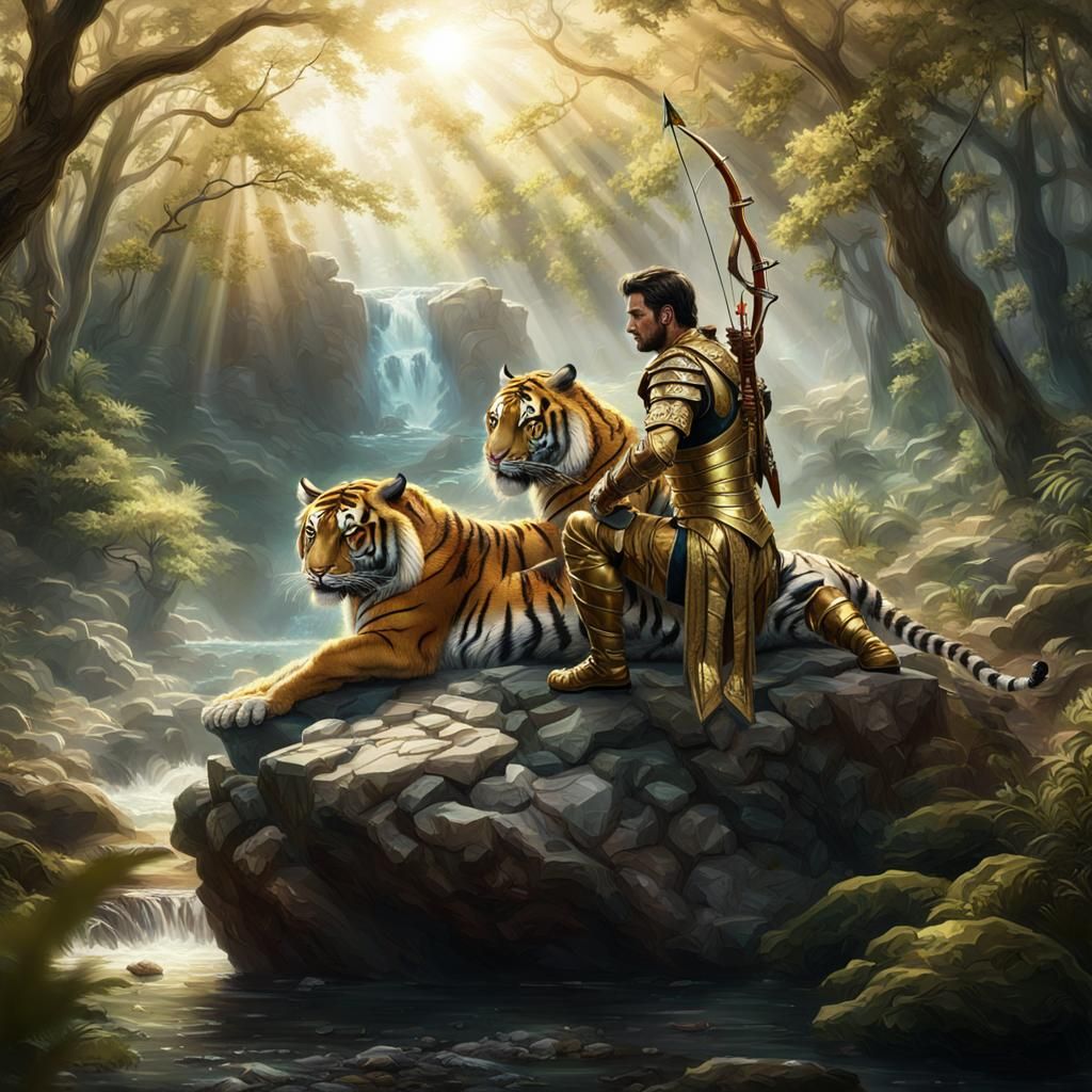 Warrior Shoots Arrow in Forest with Tiger