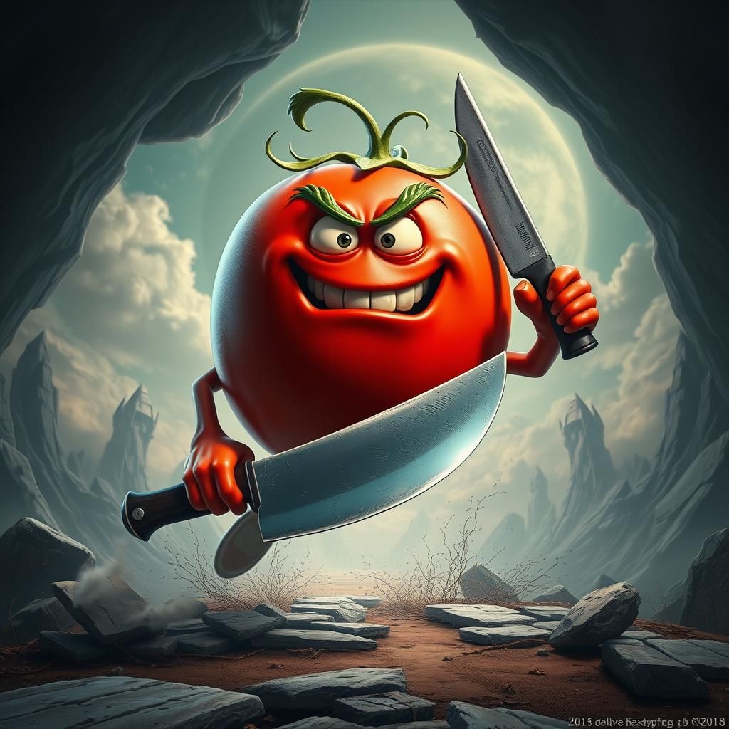 Anthropomorphic Tomato's Great Escape: Fantasy Matte Paintin...