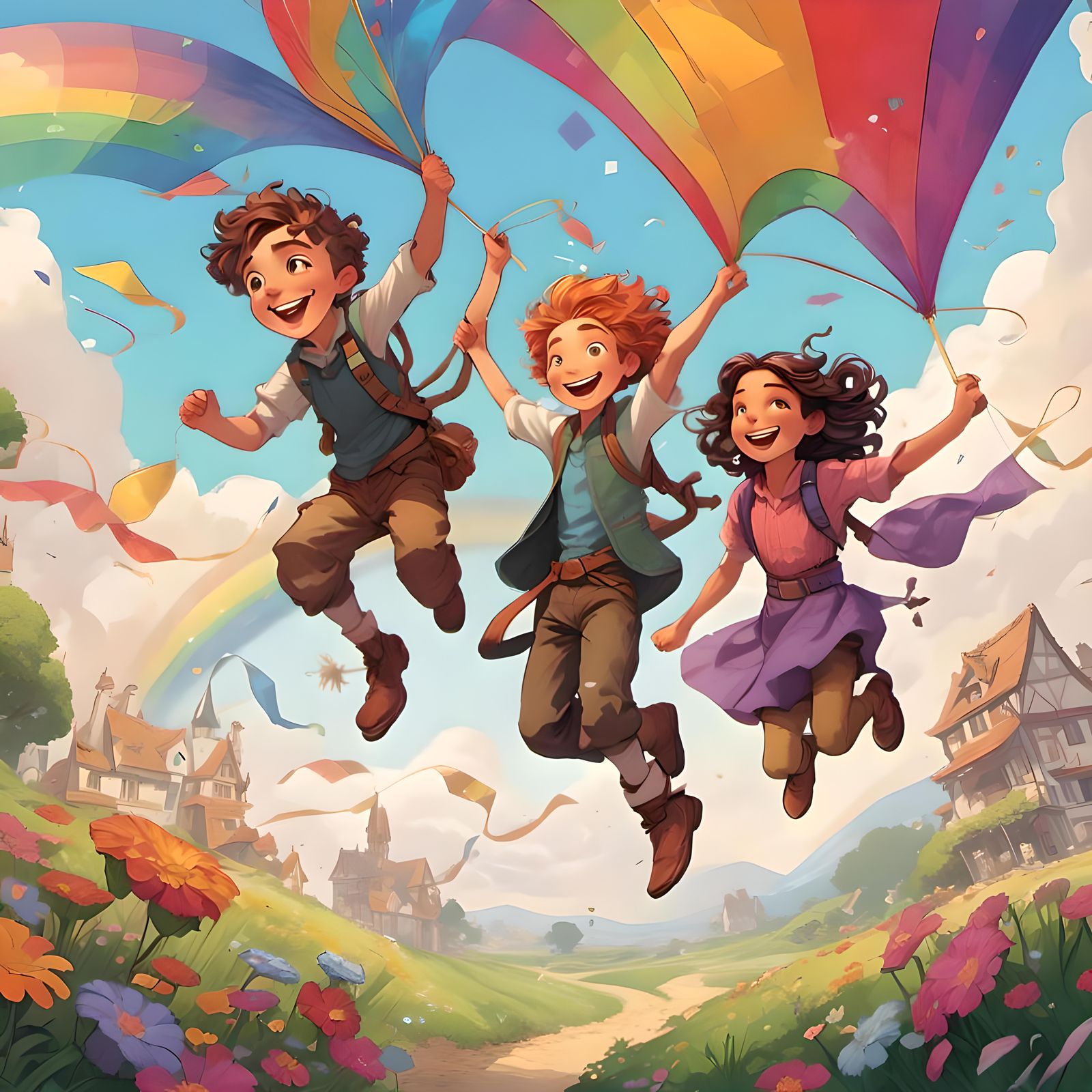 Dynamic Children Flying Rainbow Kites