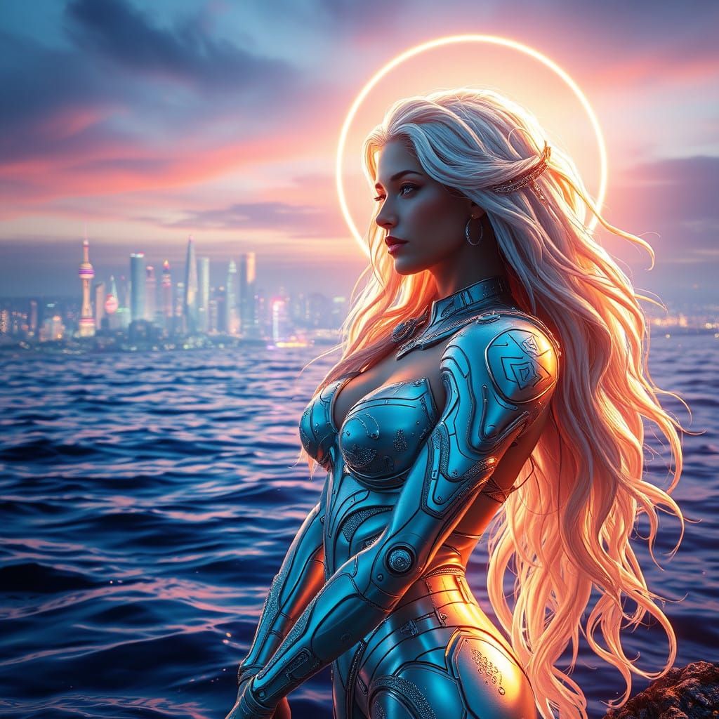 Cyberpunk Goddess of Love in Iridescent Armor