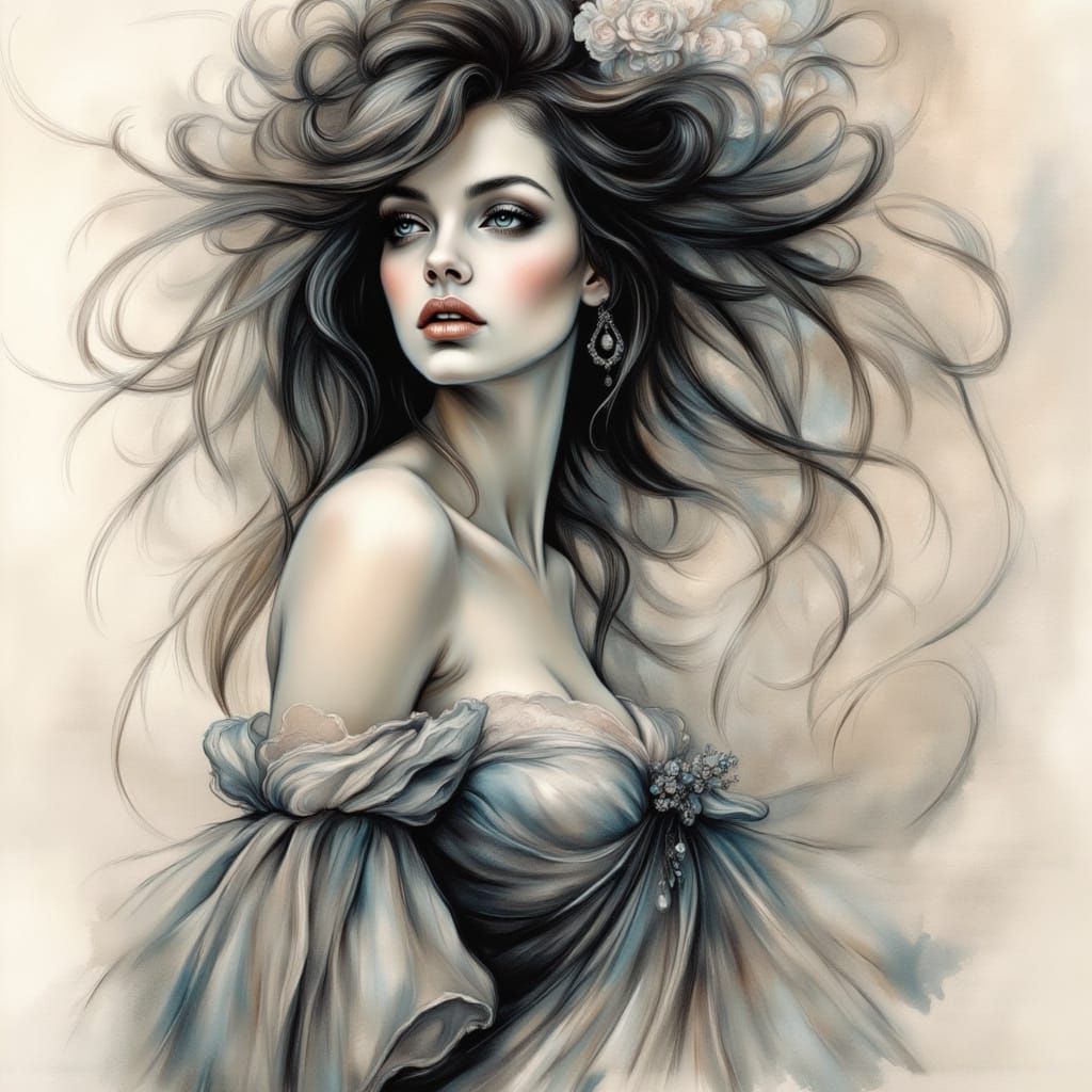 Romantic Muse in Textured Ink Washes