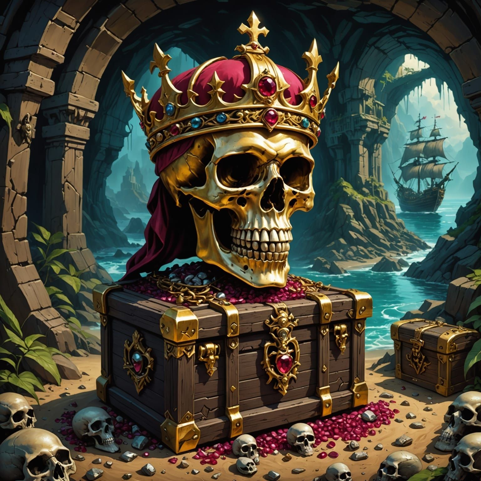 Golden Skull in Pirate Cave: Digital Art