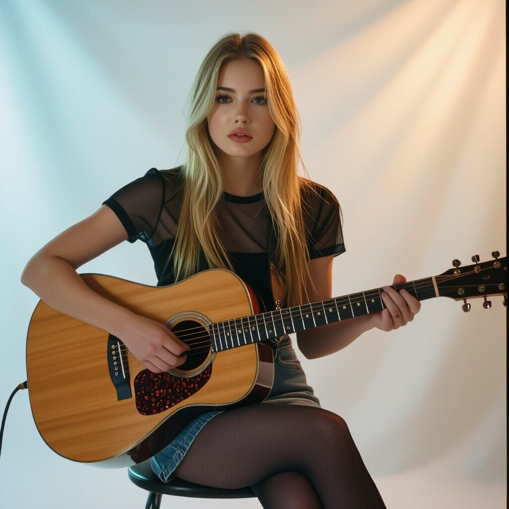 Singer Plays Guitar in Cinematic Film Still