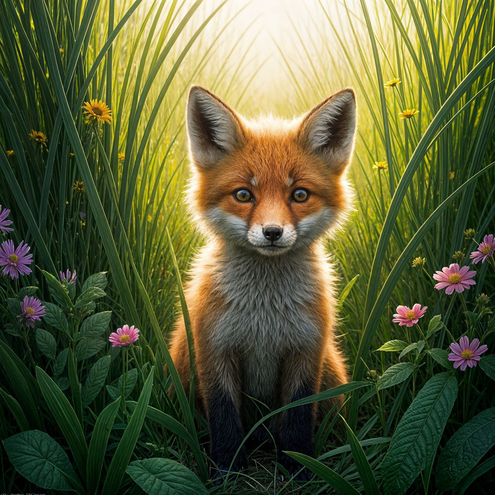 Fox Cub Peeking Through Wildflowers in Vibrant Garden