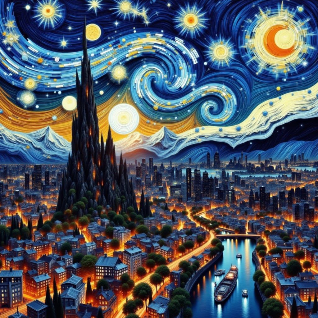 Abstract Starry Cityscape in Cubist Impasto Style