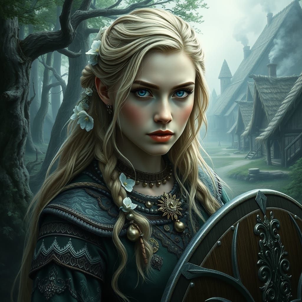 Norse Fantasy Shieldmaiden in Lush Forest