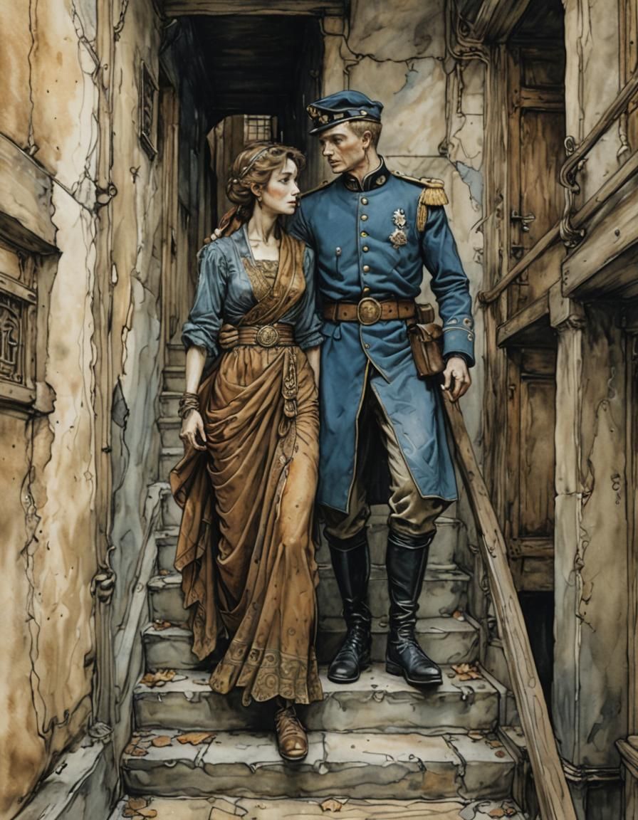 Rackham Style Illustration: Officer and Woman