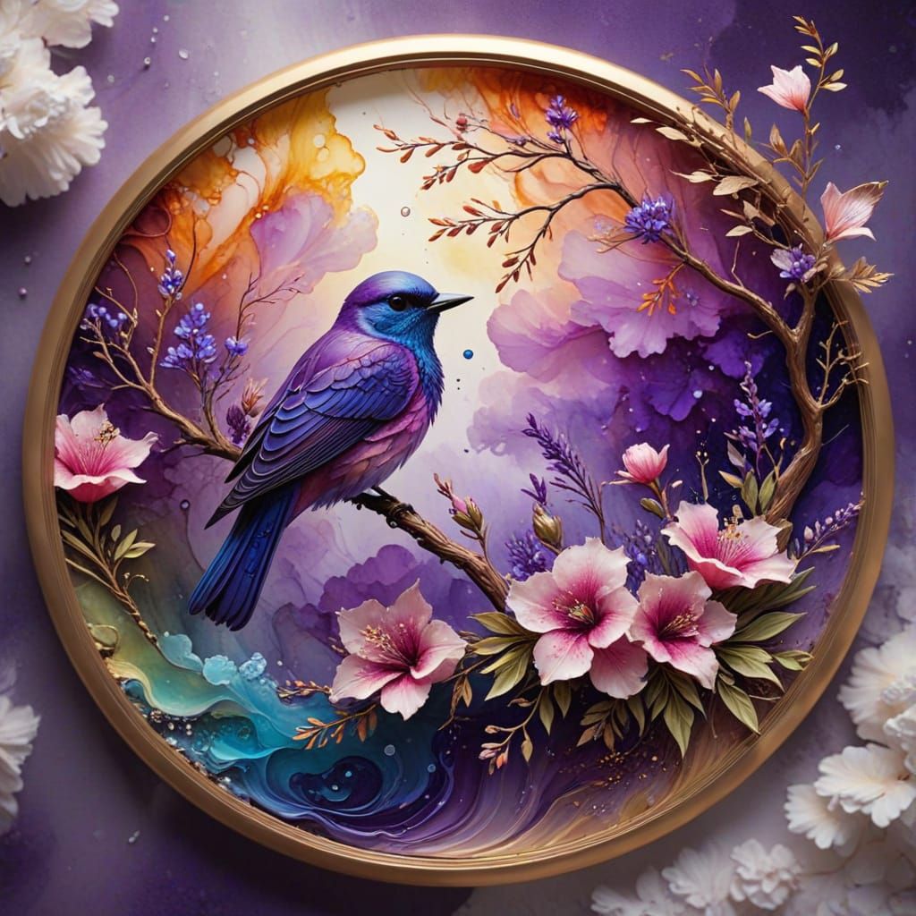 Circular Alcohol Ink Art with Flowers and Bird