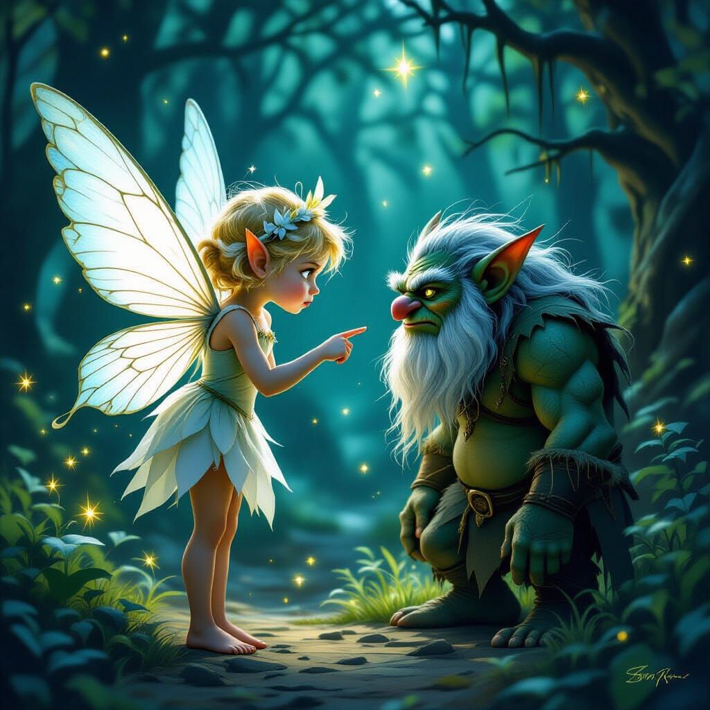 Fairy Scolds Naughty Troll in Enchanted Forest