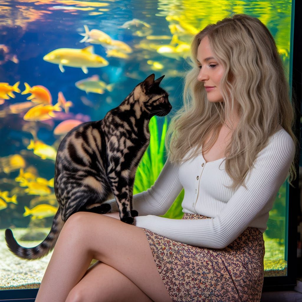 A Cat Watches Fish in a Colorful Aquarium with Her Blonde Ow...