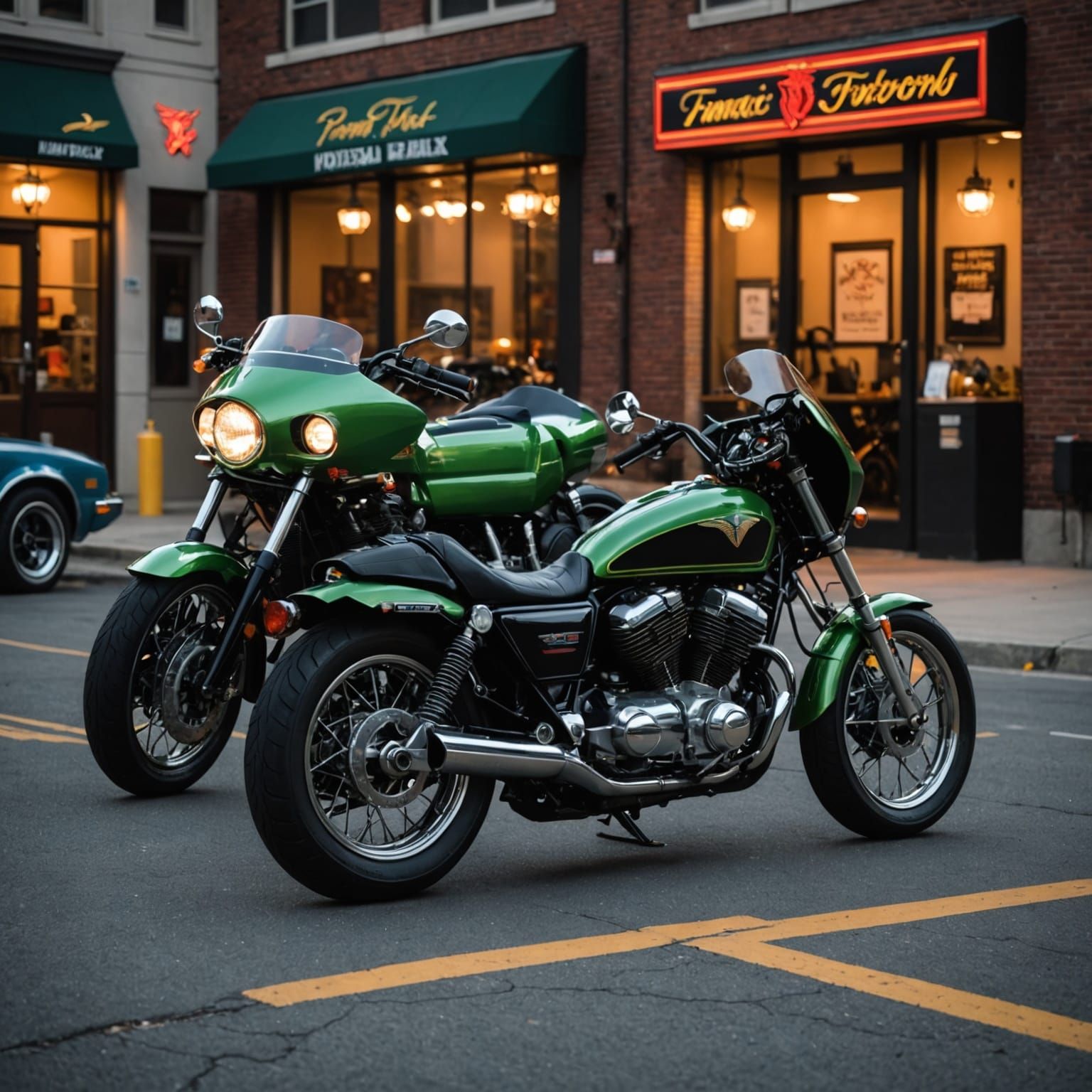 Pontiac Firebird and Motorcycle with Underglow, Hyperrealist...