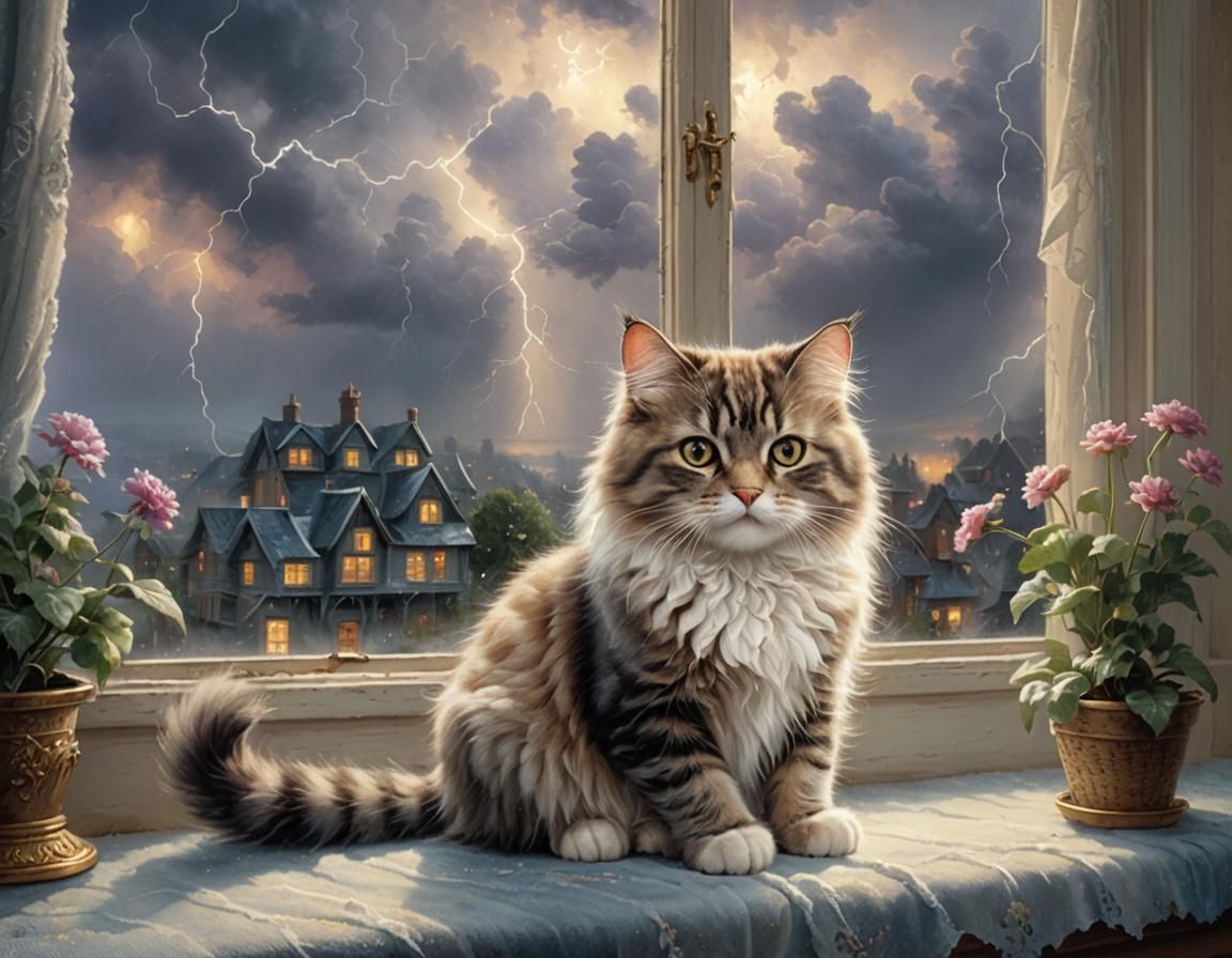 Cute Cat During Thunderstorm, Ethereal Fantasy Art