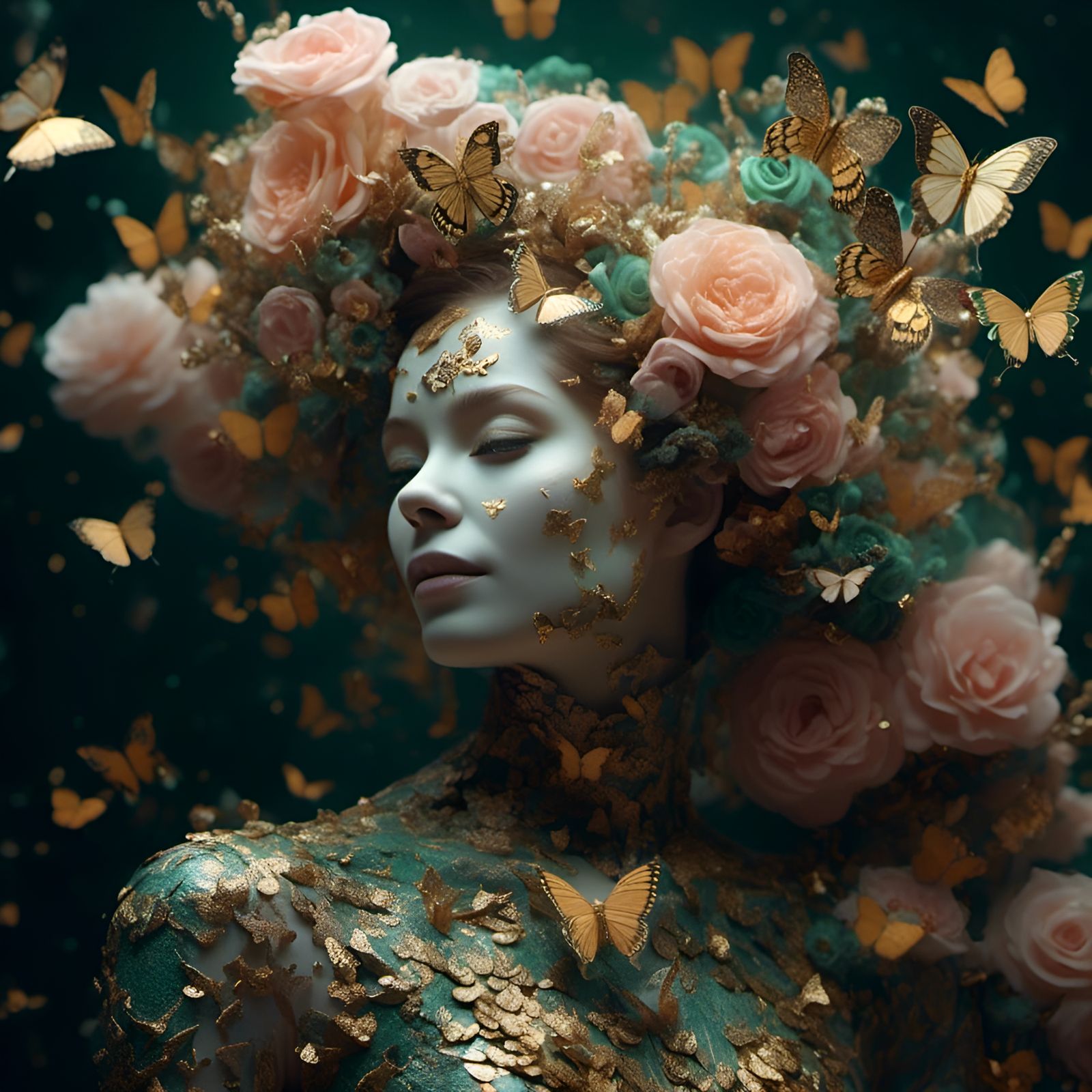 Ethereal Android Portrait with Golden Butterflies