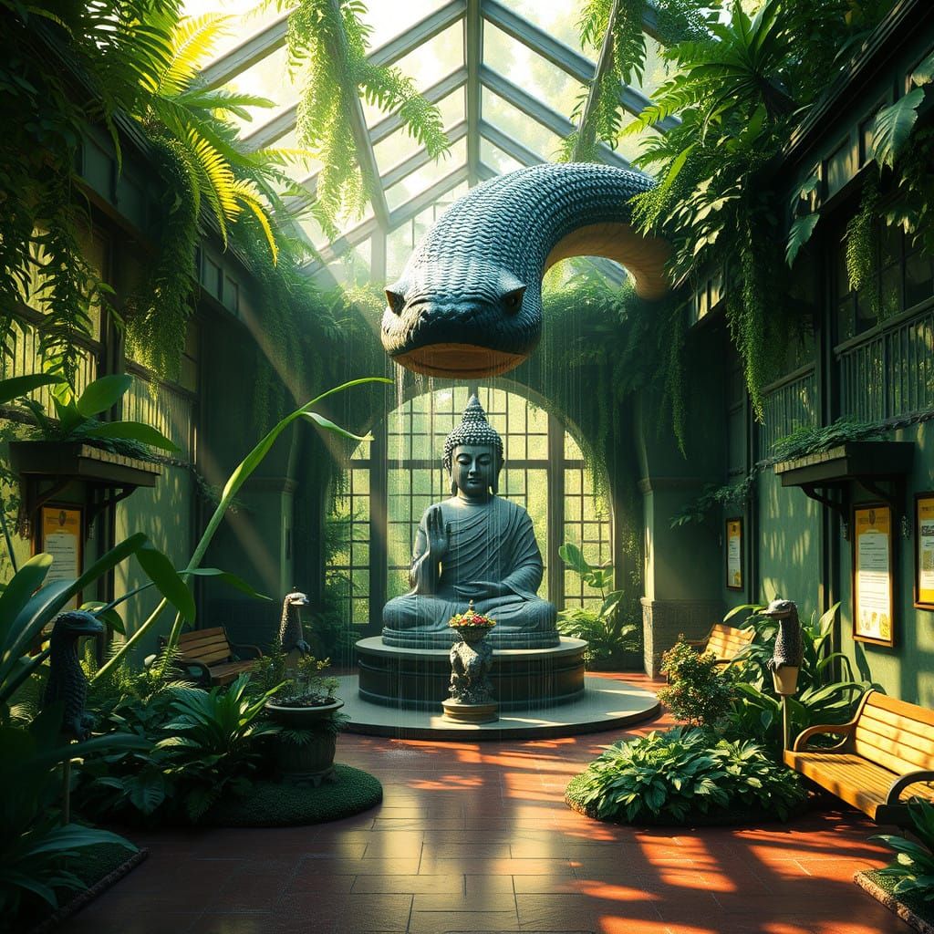 Vibrant Green House Sanctuary with Majestic Naga Serpent and...