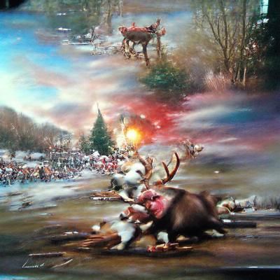 Christmas Reindeer Murder in Kinkade Style
