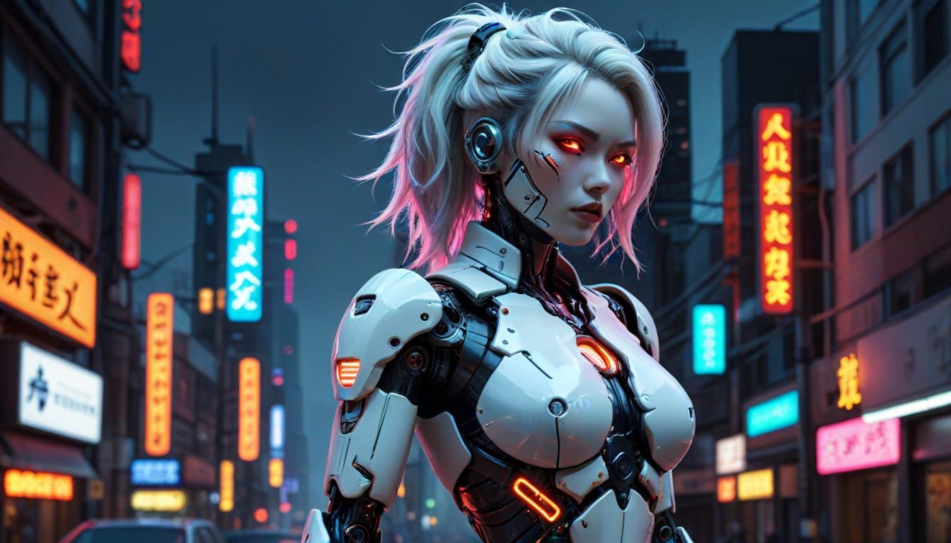 Cyberpunk Android Gynoid in Neon Cityscape