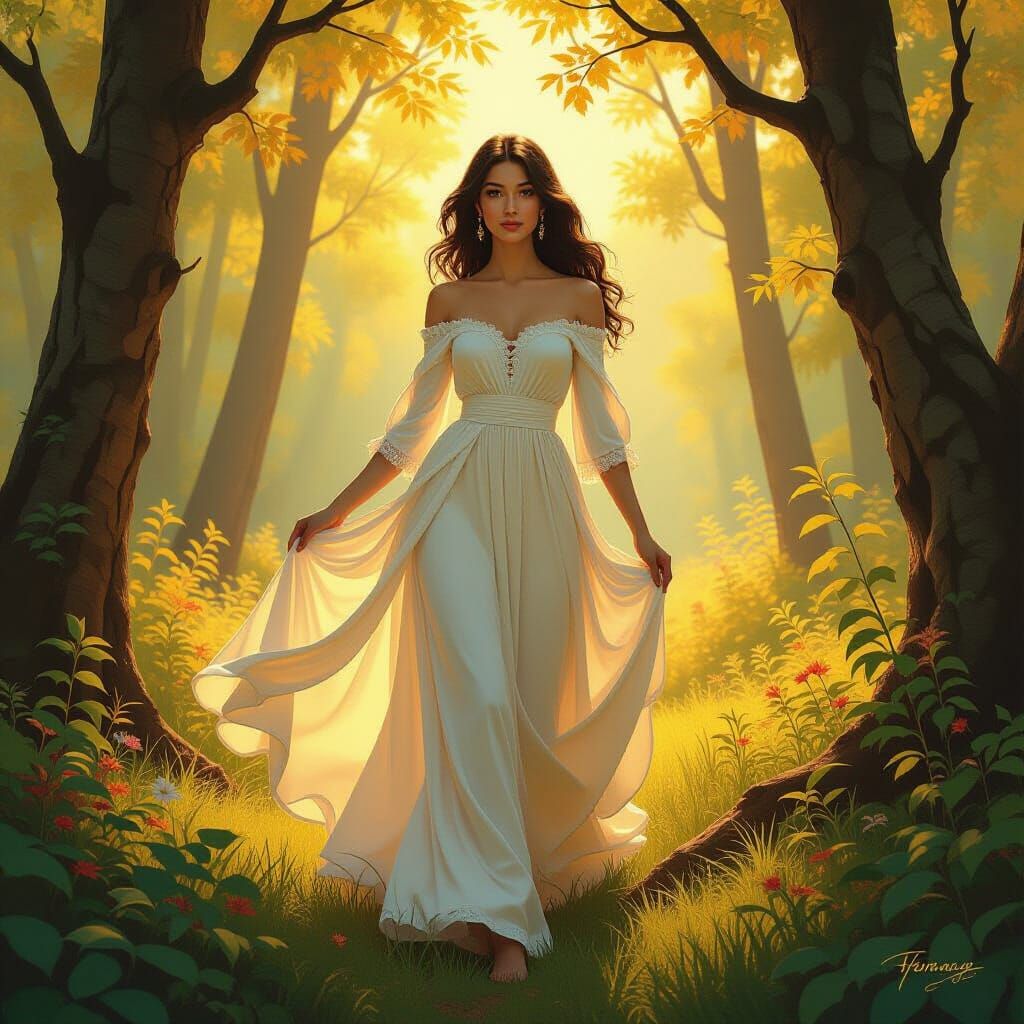 Golden Forest Woman in Old Masters Style