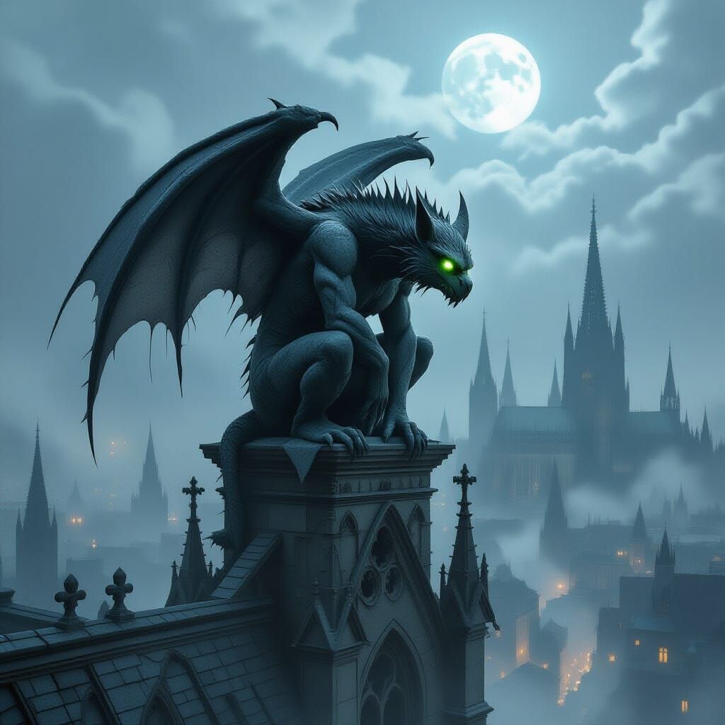 Ancient Gargoyle Overlooking Misty Gothic City