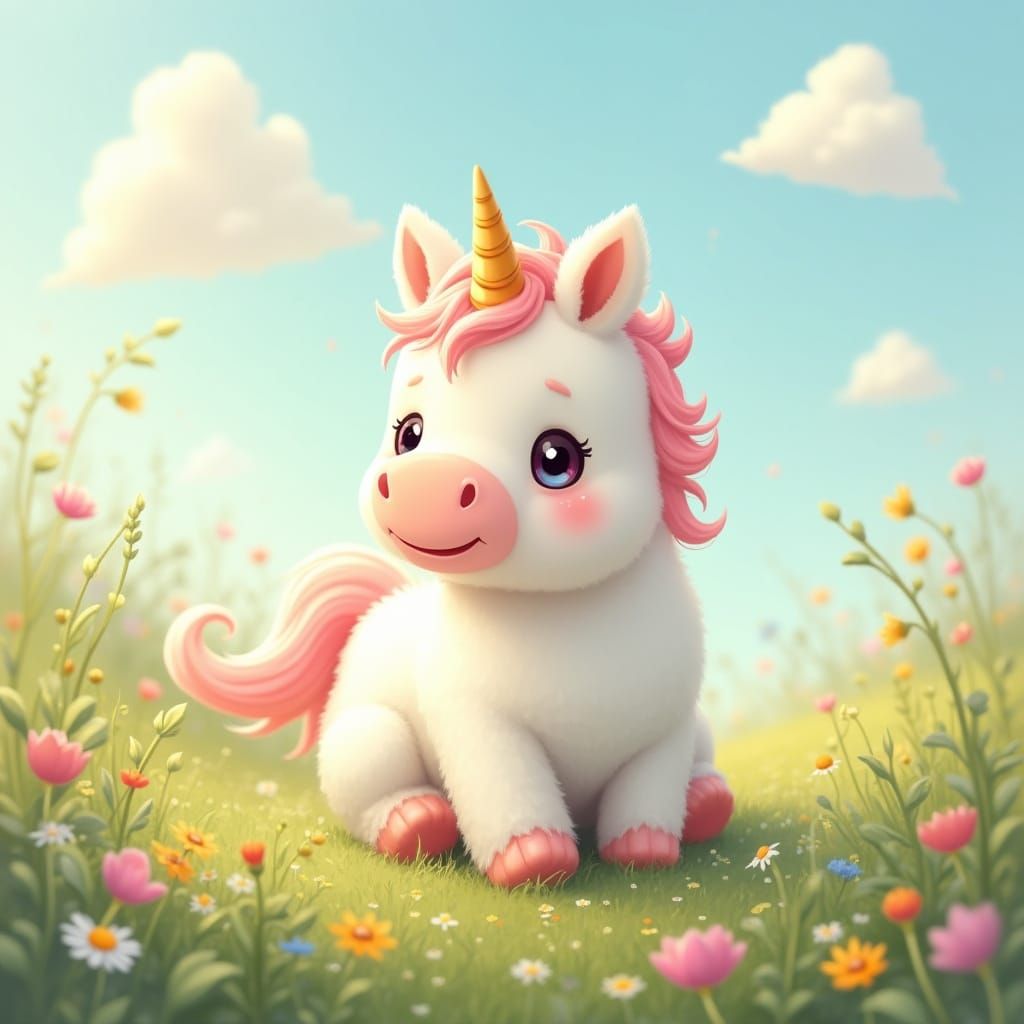 Magical Whimsical Unicorn Foal in Vibrant Meadow