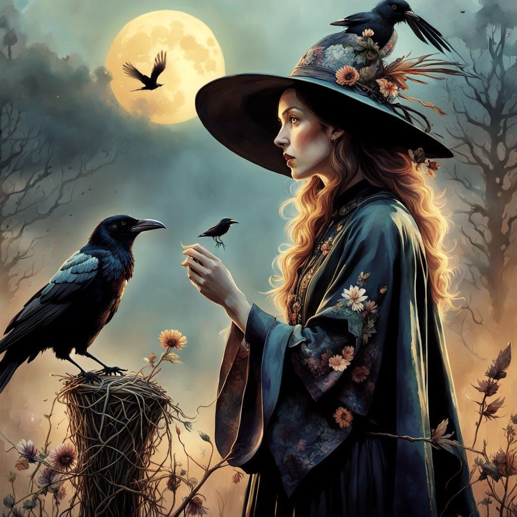 Elegant Witch Chatting with Crow: Watercolor Art
