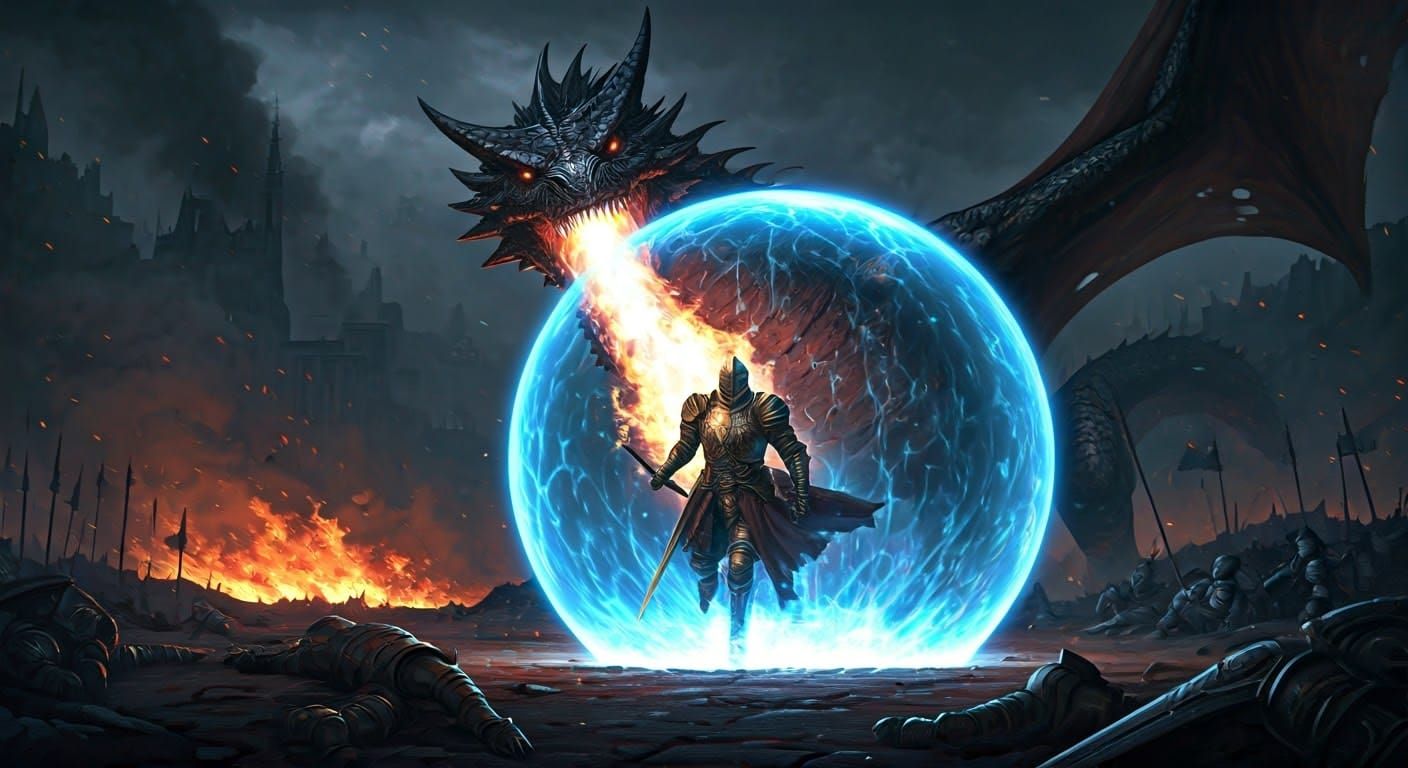 Knight vs Dragon in Force Field: Digital Illustration
