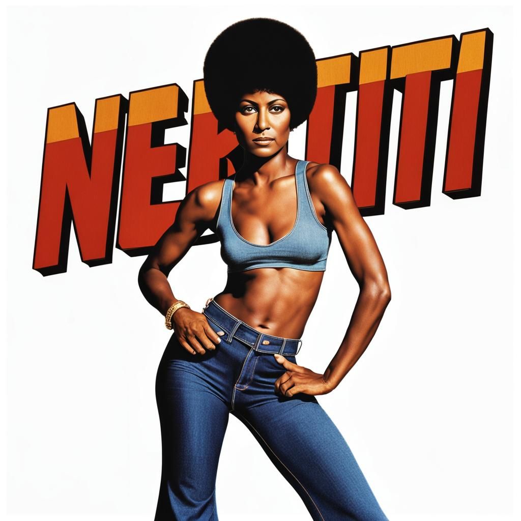 Retro action movie poster Title "Nertiti"African American woman, short Afro, Pam Grier, fawn-like brown eyes, wearing cu...