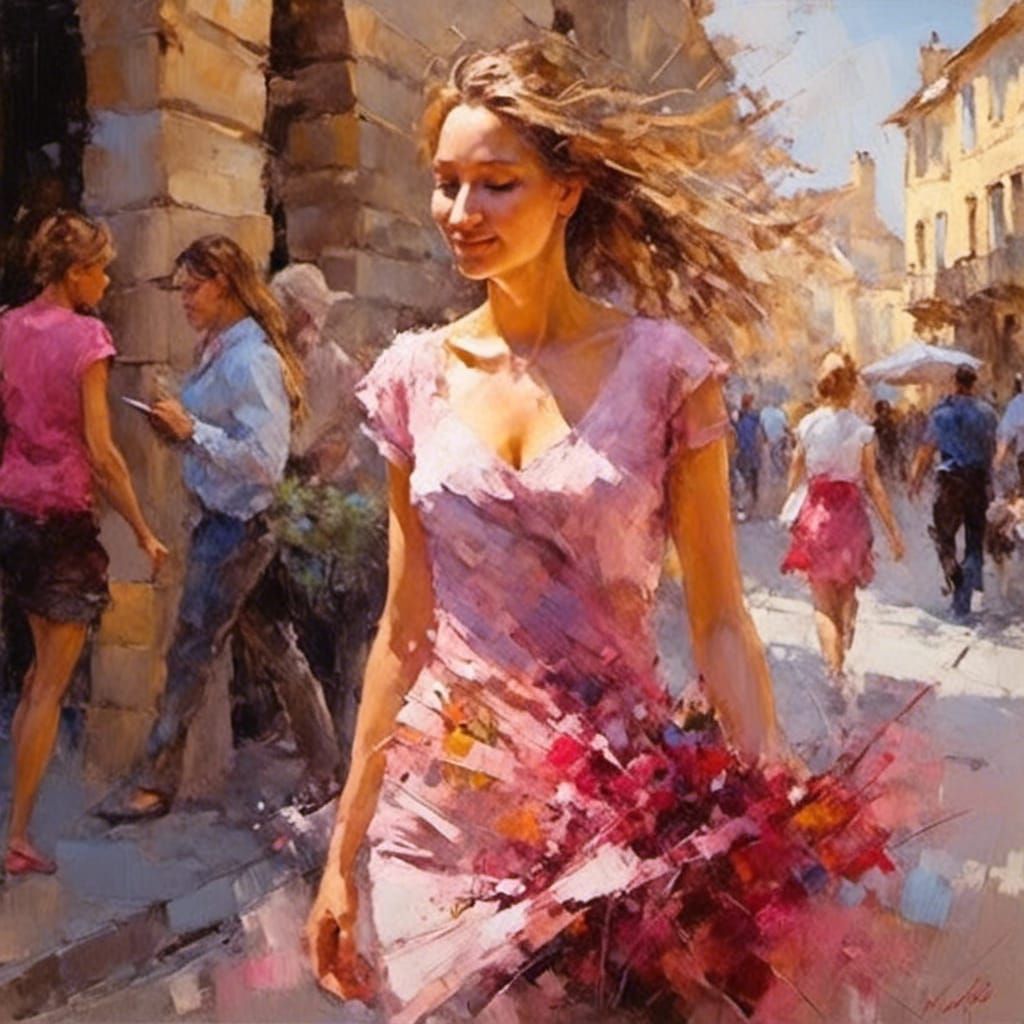 Provence Street Scene with Girl in Pink Dress