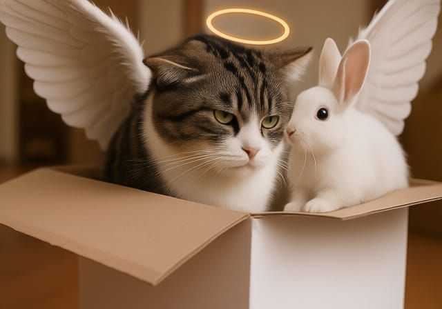 Cat Receives Halo and Wings from Rabbit