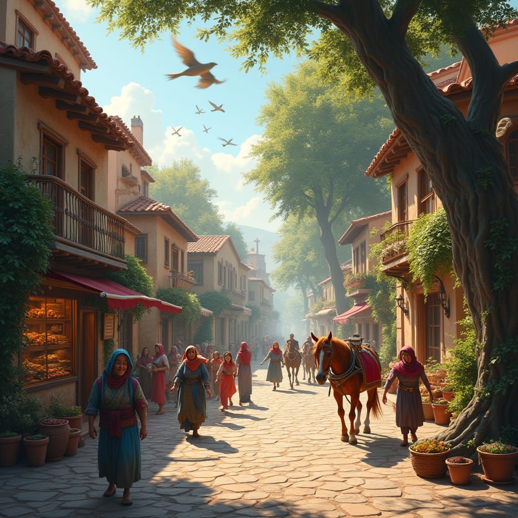 Quaint Storybook Town Square Teeming with Life and Color