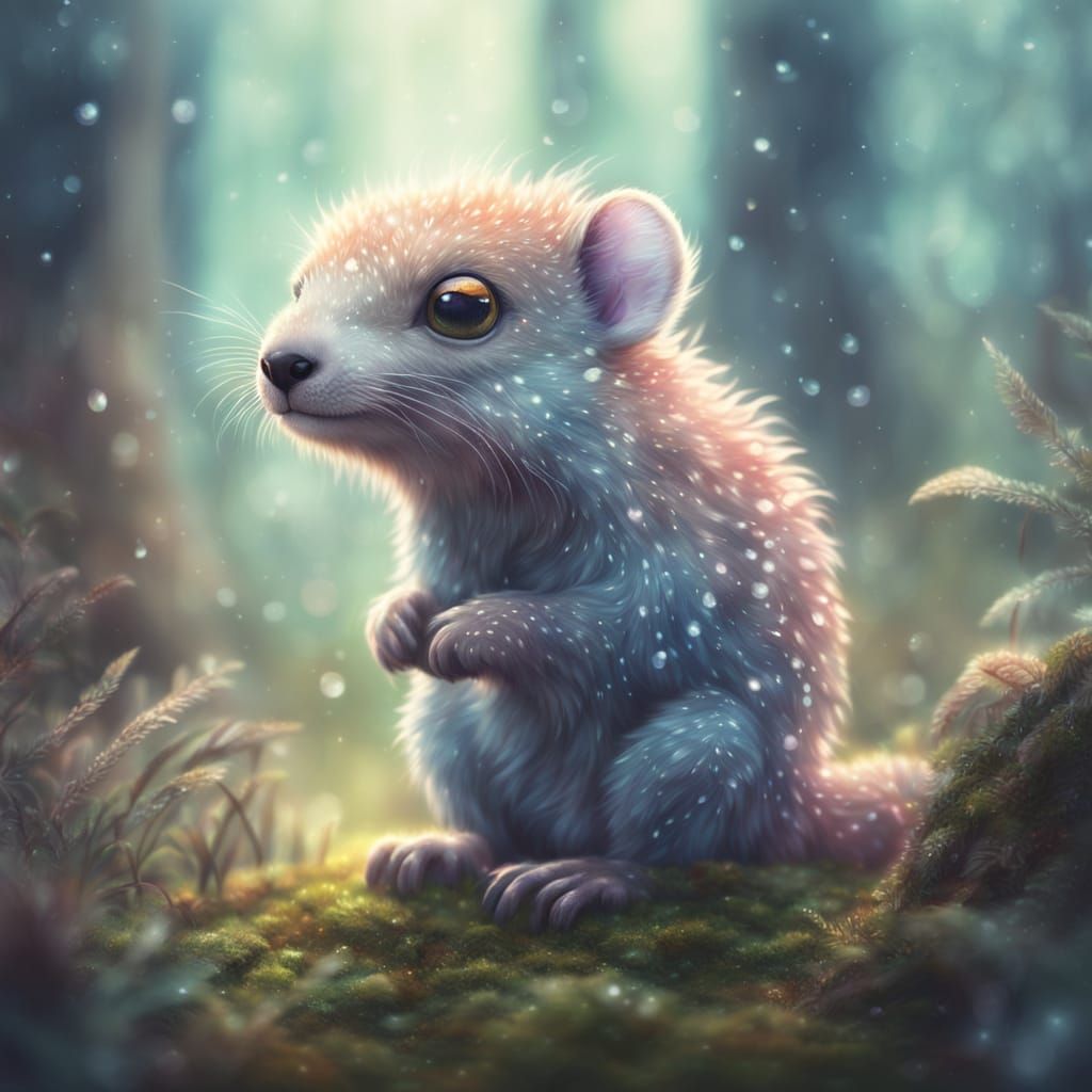 Cute Fictional Creature with Dew Drops in Forest