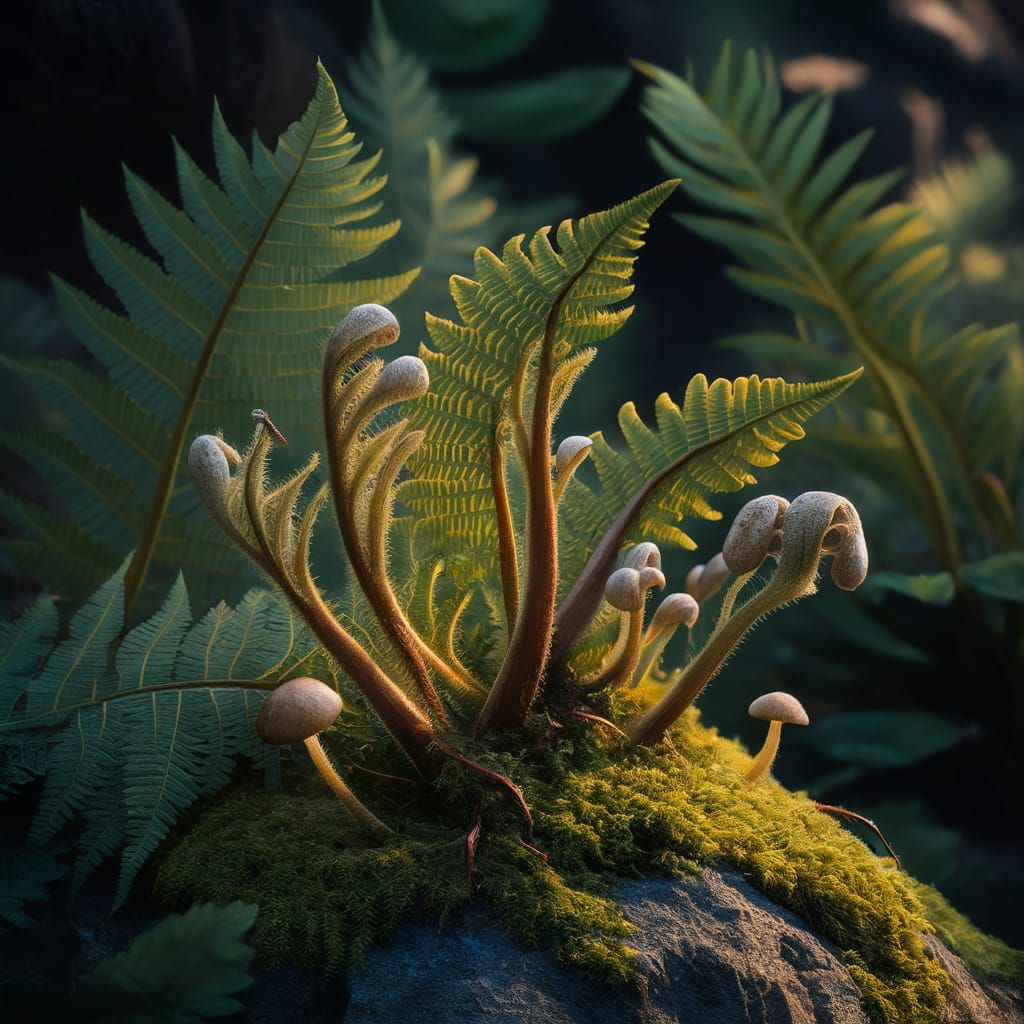 Tiny fern leaves, fiddlehead ferns and enoki mushrooms growi...