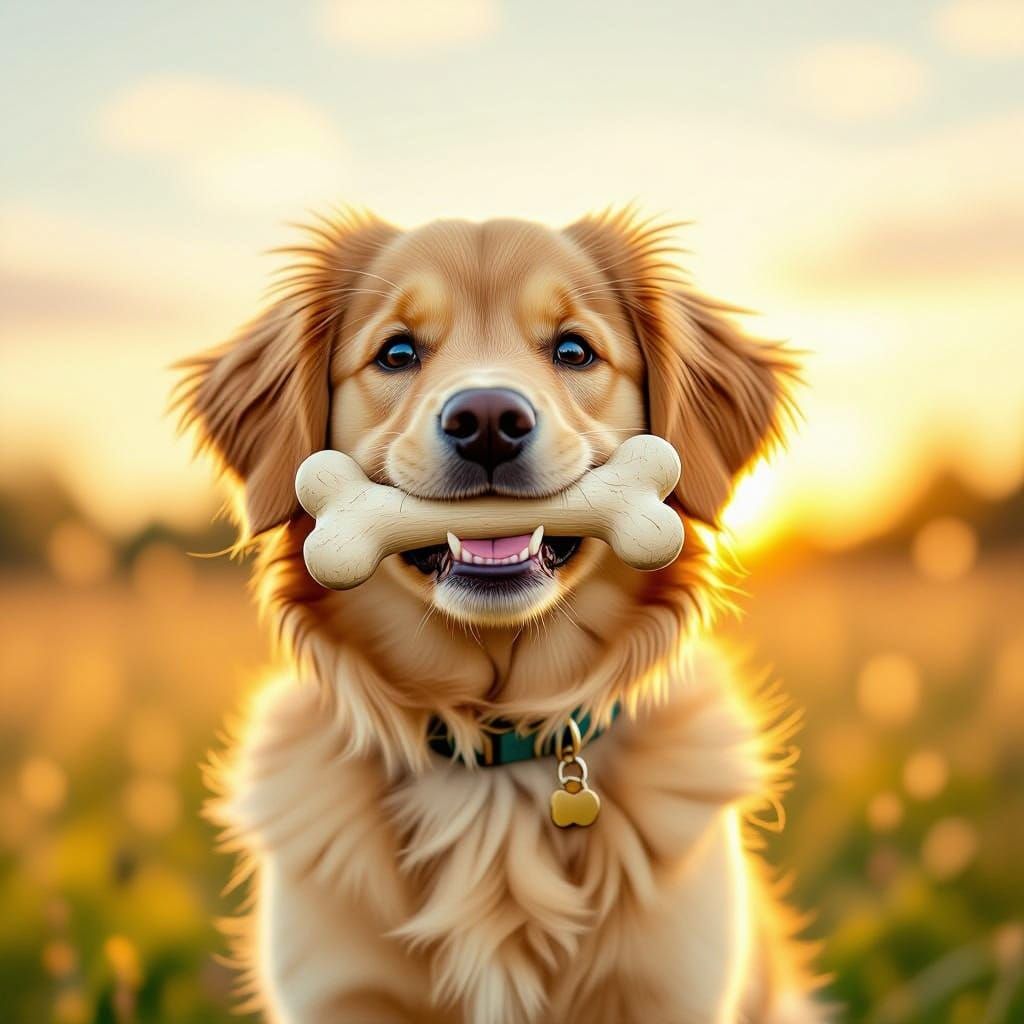 Golden Retriever with Bone in Whimsical Style
