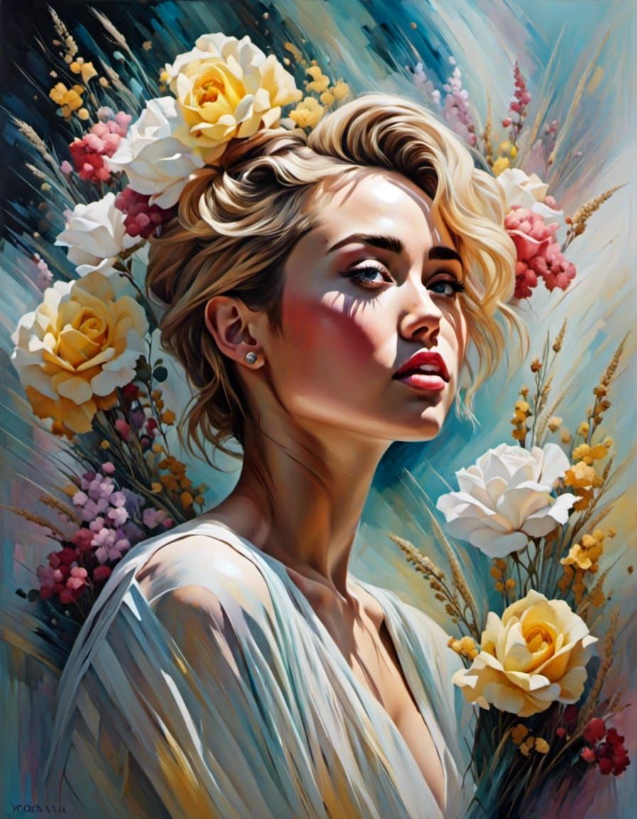 Miley Cyrus Portrait with Flowers in Oil Paint Style