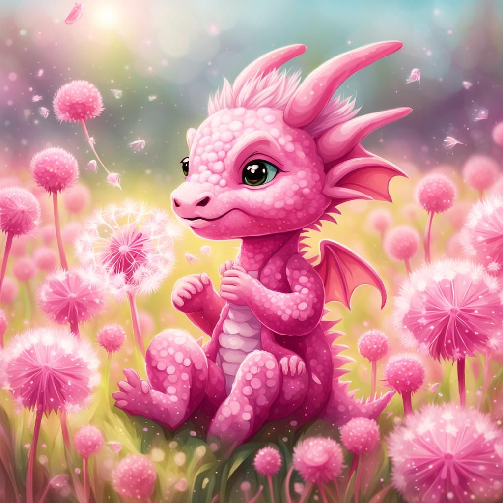 cute Pink  anthropomorphic Pink baby dragon-girl   blowing, making a wish on a hot pink Dandelion, sitting in a field of...