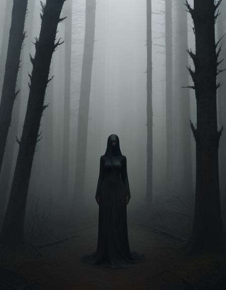Eerie Dreamscape: Woman in Gown at Dusk