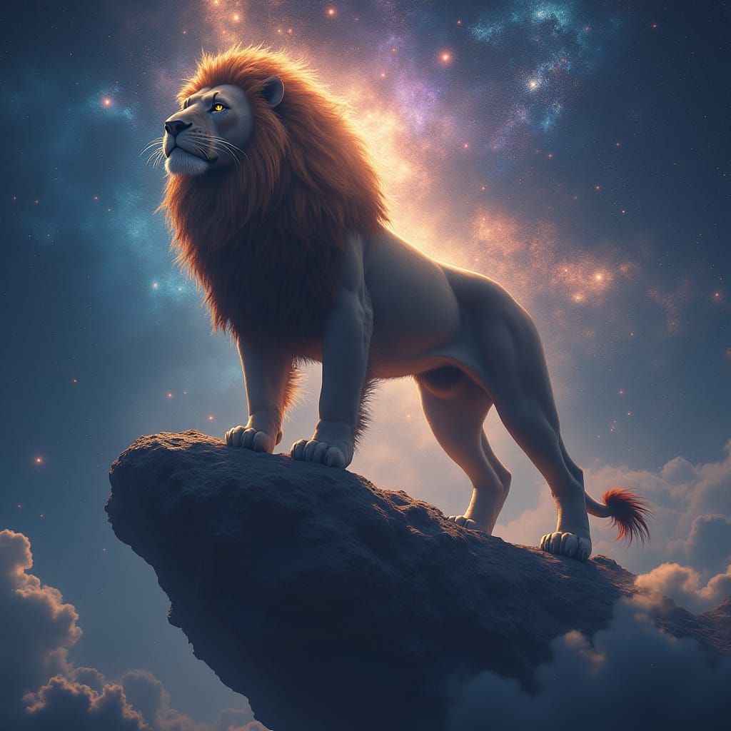 Regal Lion Radiates Cosmic Power from Floating Asteroid
