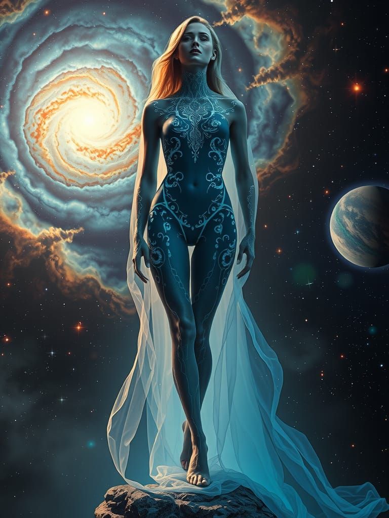 Galactic Woman with Bioluminescent Patterns