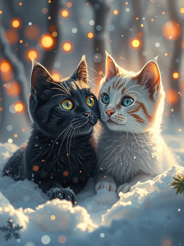 Whimsical Winter Feline Duo in Dreamlike Surrealism