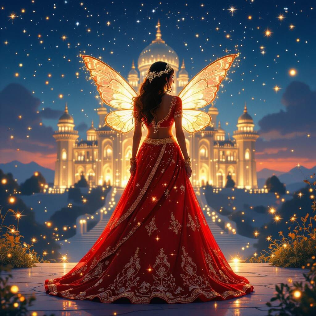Fairy Princess in Red Lehenga Before Shining Palace