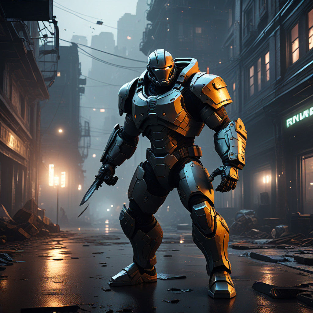 Sword-Wielding Warrior Battles Giant Robot in a Darkened Cit...