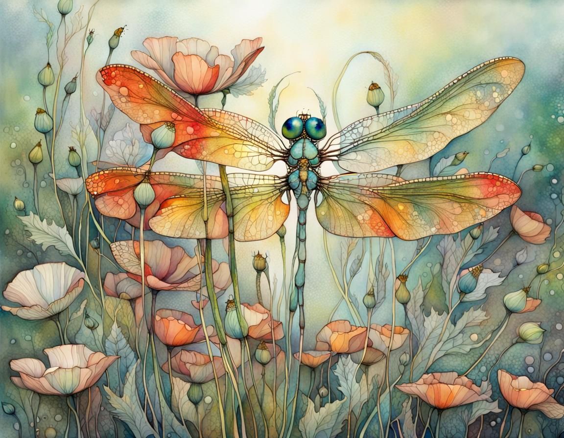 Iridescent Dragonflies Among Poppies in Fantasy Style