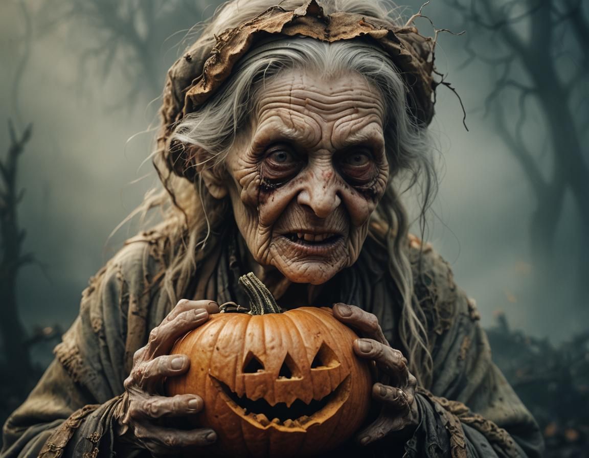 Hyperdetailed Portrait: Evil Hag with Pumpkin in Golden Ligh...