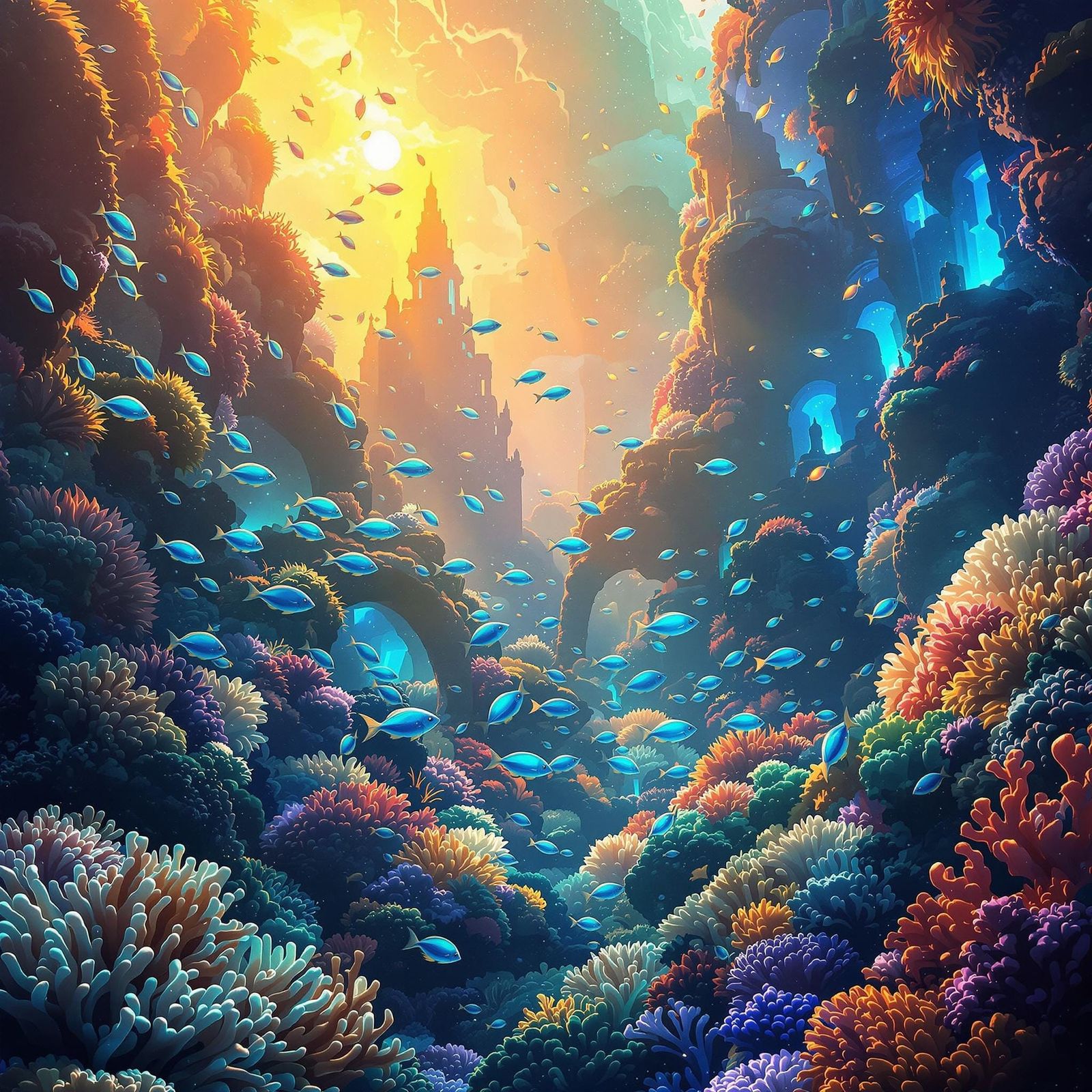Vibrant Fantasy Coral Reef with Iridescent Fish