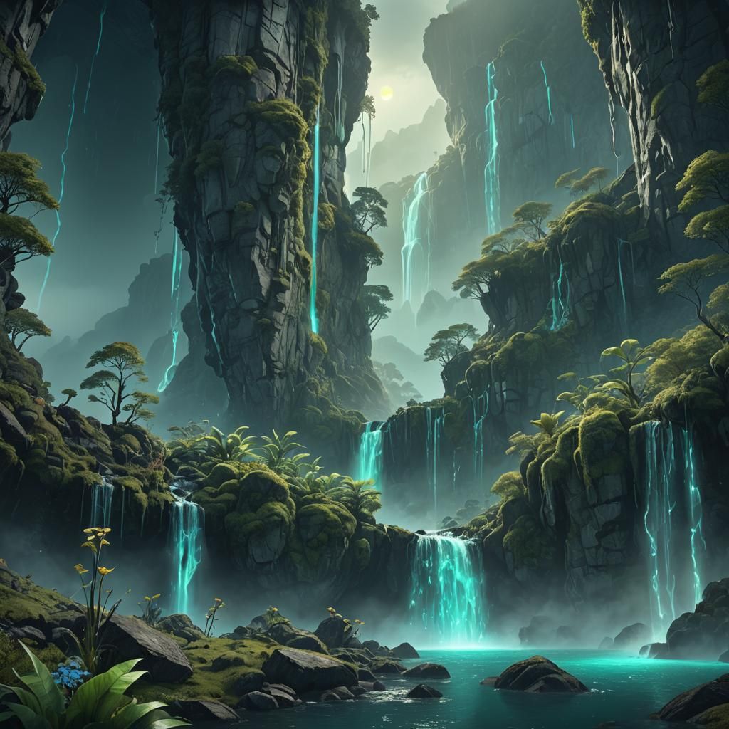 Mystical Fjord Landscape with Bioluminescent Plants